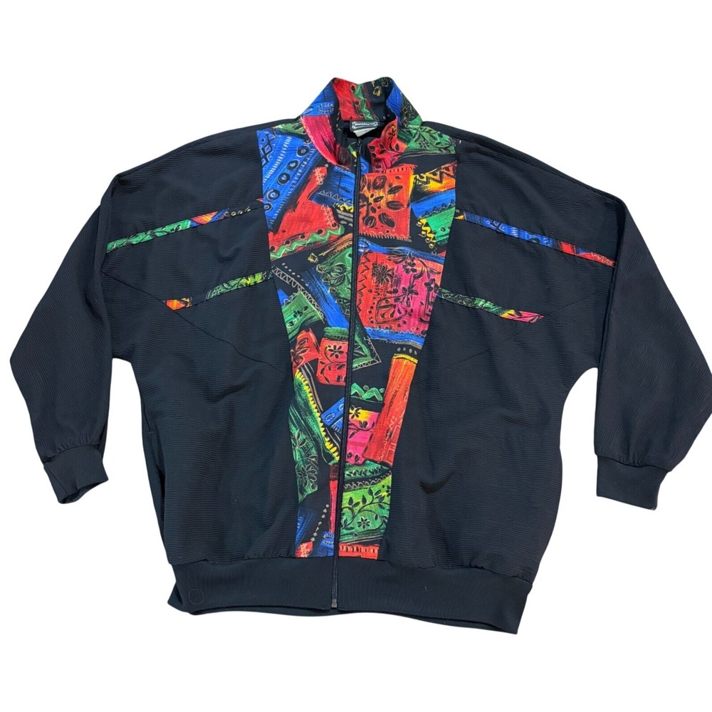 Vintage BonWorth Zip Up Jacket‎ Black Abstract Multi Color Textured Knit USA M